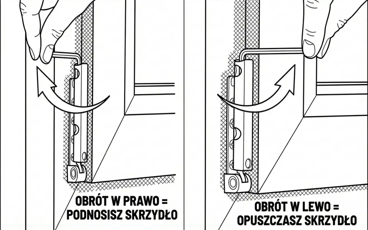 Instrukcja jak wyregulować okno: obrót kluczem w prawo podnosi skrzydło, w lewo opuszcza.